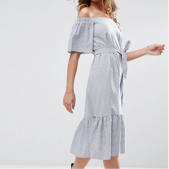 🛑SOLD ASOS Off the Shoulder Cotton MIDI Dress in Blue Stripe Size 6 - Picture 2 of 11